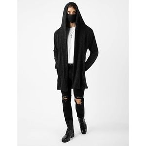 Cárdigan largo gótico con capucha para hombre, abrigo de punto con frente abierto, color negro sólido - Product Image 3