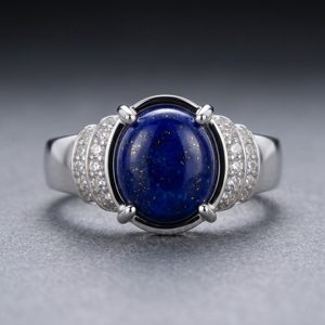 Anillo de Plata de Ley 925 con Piedra Preciosa de Lapislázuli de Forma Ovalada de 10x12 mm con Engaste de Diamantes, Joyería Clásica de Compromiso para Mujer - Product Image 1