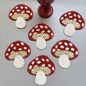 Set of 6 Red Mushroom Beaded <b>Coasters</b>, Housewarming Gift - Product Image 2