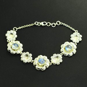 Bracelet en argent sterling 925 avec pierre de lune arc-en-ciel naturelle sertie, chaîne vintage à maillons pour femme, bijoux à porter au quotidien - Product Image 3