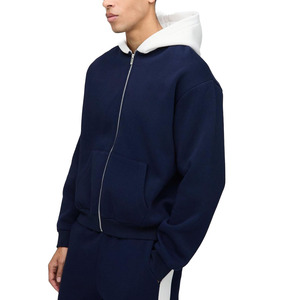 Custom logo <b>Navy</b> Blue Hooded Zip-Up <b>Sweatshirt</b> Solid Color Regular Fit Casual Autumn Style 100% Cotton Fleece Knitted Fabric - Product Image 1