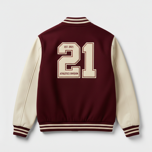 <b>Men's</b> Maroon Varsity <b>Jacket</b> <b>Cream</b> PU Leather Sleeves Embroidered Classics 21 Patch Design Letterman Bomber <b>Jacket</b> Preppy Style - Product Image 2