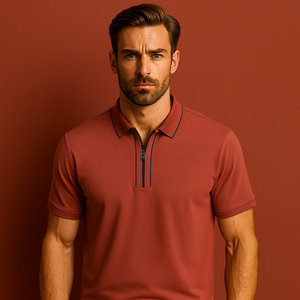 Polo de hombre con cremallera corta, corte minimalista, 2026, estilo casual elegante, manga corta, ajuste entallado, color rojo óxido y azul marino, y Apparel HD - Product Image 1
