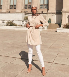 Robe longue droite en maille pour femme, style modeste, à manches amples plissées, devant ouvert, couleur personnalisable, coupe naturelle, pour femme musulmane - Product Image 3