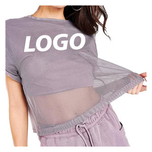 Women <b>Mesh</b> <b>Crop</b> <b>Top</b> Short Sleeve Neck Breathable Loose Fit Summer Solid Color Digital Printing Anti-Pilling Spandex/Cotton Front - Product Image 4