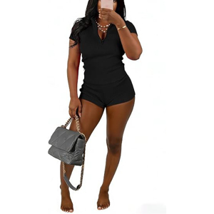 Custom Women Casual Ribbed Knit Tracksuit <b>Short</b> Sleeve Zipper Polo Collar <b>Top</b> <b>and</b> Biker <b>Shorts</b> Two Piece Lounge Set Outfit - Product Image 1