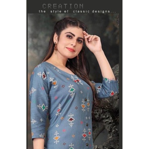 DESIGNER BAUMWOLLE <span class=keywords><strong>JAIPURI</strong></span> BANDHEJ DRUCK ARBEIT <span class=keywords><strong>KURTI</strong></span> MIT PALAZZO BLAU - Product Image 2