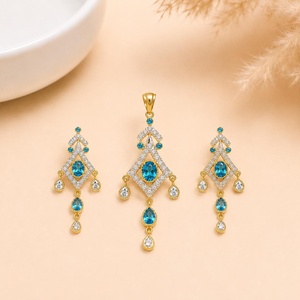 Blue Topaz <b>Necklace</b> Set 22K Gold Plated Pendant Jewelry Crystal Pendant <b>Necklace</b> and Earrings Bridal <b>Statement</b> Jewelry - Product Image 1