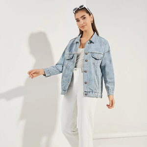 <b>Women</b> <b>Light</b> Blue Denim <b>Jacket</b> Oversized Trucker Jean Coat Ladies Fashion Loose Fit Outerwear Classic Button Up Denim Top - Product Image 1