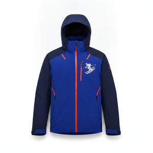 Veste matelassée à capuche bleu marine pour homme, vêtement d'extérieur sportif imperméable pour l'hiver avec logo de ski imprimé et fermeture éclair - Product Image 1