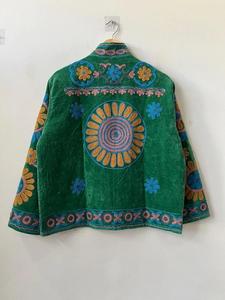 Elegant Green <b>Velvet</b> Embroidered Suzani Jacket With Floral Pattern Full Sleeve Stand Collar Handmade Bohemian <b>Women</b> Autumn <b>Coat</b> - Product Image 5