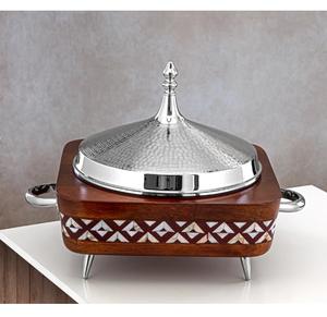 หม้ออุ่นอาหารทรงกลมสแตนเลสสีเงินขายดี พร้อมขาตั้งและฝาปิด หม้ออุ่นอาหารตกแต่งแบบขัดเงา สำหรับโรงแรมและบ้าน - Product Image 3