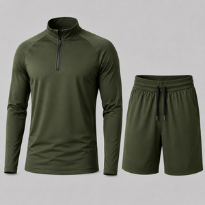 Men's Quarter-<b>Zip</b> Sport Set Solid Color Long Sleeve Top & Shorts Quick Dry Knitted Polyester Spring Wear - Product Image 4