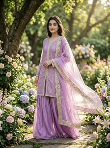 Pure Fendy <b>Silk</b> Coding Dori Sequence Kurti Set With Lined Elastic <b>Palazzo</b> <b>Pant</b> And Lace Border Dupatta For Women OO 37 - Product Image 4
