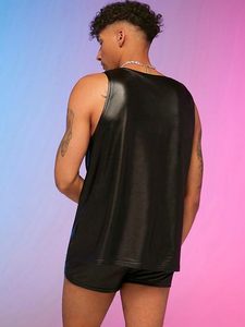 Men's 2 Piece Outfit Mesh Sheer Pu Leather Tank Top and Track Shorts <b>Set</b> - Product Image 2