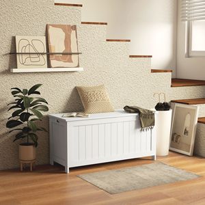 Coffre de rangement en bois blanc de 39.4 pouces avec 2 charnières de sécurité poignées latérales coffre de salle de jeux pour meubles de salon - Product Image 2