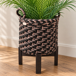 Custom Handwoven Jute Rope Planter <b>Basket</b> with Wooden Stand and Hanger Black and Blush Pink Indoor <b>Plant</b> Pot with Handles - Product Image 2