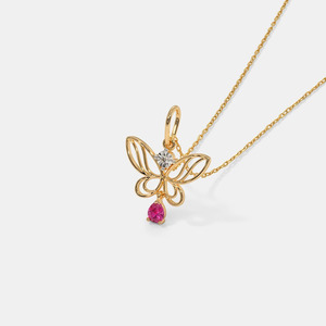 Yellow Gold Butterfly <b>Pink</b> Gemstone and Lab Grown Diamond Pendant <b>Necklace</b> - Product Image 2