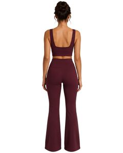 Manufacturer Custom Burgundy Women Flared Yoga Set Square Neck Sports Bra And High Waist <b>Bell</b> Bottom Leggings Gym Wear Set - Product Image 2