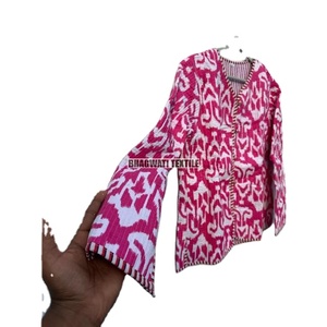 Indian Cotton Bohemian Style Unisex <b>Short</b> Quilted <b>Jacket</b> Hand Block Printed Winter Coat with Long Length and Decorative Pocket - Product Image 4