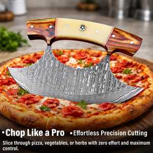 Custom Handmade Damascus Steel Pizza Cutter Ulu Knife Premium Wooden & Bone Handle Kitchen Axe with Genuine Leather Sheath - Product Image 5
