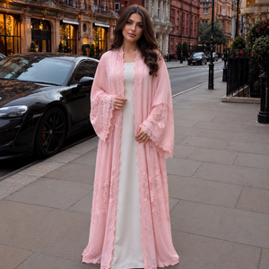 Luxury Pink Lace Modest Kaftan Women Premium Dubai Style Open Front <b>Abaya</b> <b>Prayer</b> Wear Maxi Floral Lace - Product Image 2