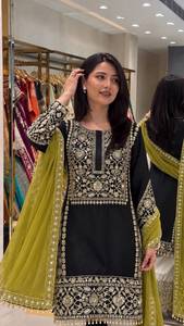Natural Crape Silk Black Sequence Embroidered <b>Kurta</b> Palazzo Set with Organza Dupatta Gold Thread Work Party Wear <b>for</b> <b>Women</b> - Product Image 1
