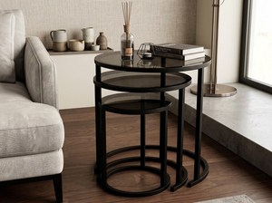 โต๊ะซ้อนกระจกรมควัน โครงโลหะรูปตัว C ชุดเฟอร์นิเจอร์กาแฟทรงกลม - Product Image 5