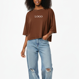 Camiseta de Verano para Mujer, Corte Regular, Lavado Ácido, Desgastada, de Algodón Suave Marrón, Ecológica, de Secado Rápido y Transpirable, Envío Gratuito al por Mayor - Product Image 5