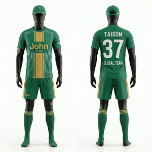 Uniforme de Fútbol para Hombre, 180 GSM, Poliéster Interlock, Verde Dorado, Panel Central, Logotipo Personalizado, Impresión por Sublimación, Conjunto de Uniformes de Fútbol - Product Image 1