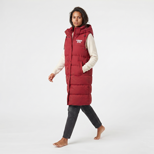 Women Long Quilted Puffer Jacket Vest Hooded Winter <b>Coat</b> Full Zip Solid Red Color Thick Polyester Outerwear - Product Image 2