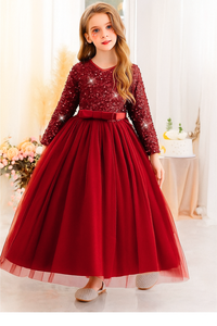 Vestido de Princesa de Terciopelo Rojo Premium con Lentejuelas Bordadas y Cuello en V para Niñas, Vestido de Fiesta, Venta al Por Mayor, OEM, ODM - Product Image 5