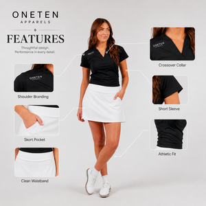 ONETEN Women's Performance Golf Set <b>Black</b> V-Neck <b>Short</b> <b>Sleeve</b> <b>Top</b> White Knee Skort Athletic Fit Sporty Casual Outfit One Set - Product Image 5