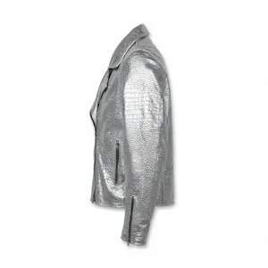 Unisex zilveren croc-geprägte imitatieleer motorjas met asymmetrische rits, croco-structuur, modieus buitenkleding, custom OEM - Product Image 3
