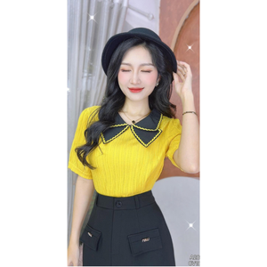 Made in Vietnam ODM All Seasons Women Modal <b>Short</b> <b>Sleeve</b> Raglan <b>Sleeve</b> <b>Blouse</b> <b>with</b> Black Bow <b>Collar</b> Formal Solid Top - Product Image 3