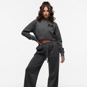 Vibrant Yellow Cropped Hoodie Tracksuit Women Zip Up Oversized Hooded <b>Top</b> with <b>Flowy</b> Wide Leg Pants Soft Fleece Fashion Set - Product Image 3