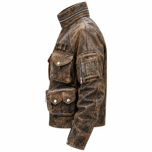 Chaqueta Bomber de Cuero Genuino para Hombre, Color Marrón, Acabado Desgastado, Transpirable, Cuello Alto Informal, Múltiples Bolsillos, Estilo Motero - Product Image 6