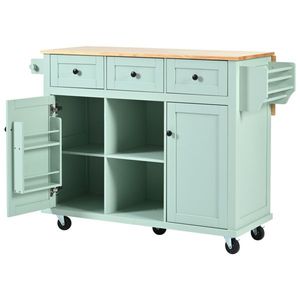 Carrello da Cucina a 5 Ruote con Piano Ribaltabile in Legno di Gomma, Struttura in Acciaio e Metallo, Ripiani Interni e Anta Armadietto - Product Image 4