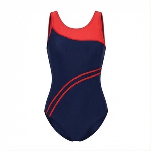 Traje de baño de una pieza para mujer, azul marino con ribete en contraste rojo, cuello redondo, diseño de rayas laterales, poliéster elástico de spandex - Product Image 1