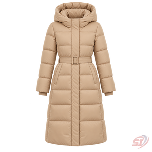 Custom Women's Camel Luxe Belted Puffer <b>Coat</b> Hooded Quilted Winter Jacket Luxury Insulated Outerwear Manufacturer - Product Image 1
