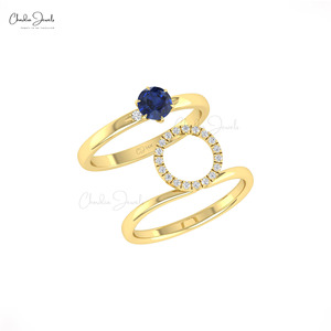 Bague Halo en Or Massif 14K au Design Moderne avec Saphir Bleu Naturel Rond de 5mm et Diamants, Faite à la Main, Empilable, pour Usage Quotidien - Product Image 4