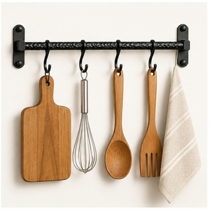 Matte Black Wall-Mounted Kitchen Utensil Rack Heavy-Duty Wrought Iron Rail Organizer with S-<b>Hooks</b> for Pot Pans & Kitchen <b>Tools</b> - Product Image 6