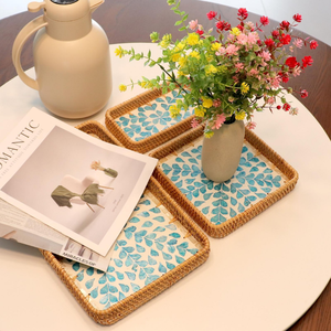Hermosa Bandeja Rectangular de Ratán con Diseño de Conchas Marinas, Patrón de Mosaico de Hojas en Forma de Corazón Azul, Plato para Servir Té, Café y Comida, Venta al Por Mayor - Product Image 2