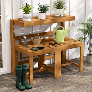 Conjunto de Muebles de Patio 3 en 1 Convertible de Madera de Acacia para Exteriores, Sofá de Dos Plazas Natural con Mesa y Sillas, Incluye Soporte para Plantas - Product Image 3