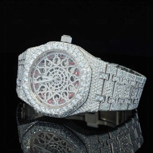Montre Hip Hop en acier inoxydable argenté avec bracelet en moissanite et cadran rouge à chiffres arabes, couleur et clarté DE-VVS, montre de créateur pour homme - Product Image 3