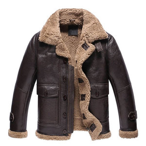 Chaqueta de Cuero Genuino para Hombre, Forrada con Sherpa, Cuello Camisero, Resistente al Viento, Ropa de Invierno, Corte Regular, Estilo Motero - Product Image 1