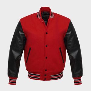 Chaqueta Bomber Varsity de Lana Roja con Mangas de Cuero Negro - Product Image 1