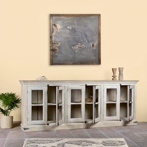 Buffet en bois style Ibiza sablé avec portes vitrées, meuble de rangement rustique, meuble de présentation vintage pour salon - Product Image 2