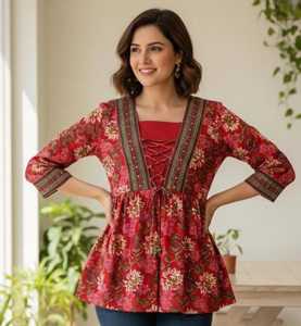 Top de Algodón con Cuello en V para Mujer, Túnica con Estampado Floral, Manga Corta, Estilo Informal de Verano, Estilo Kurti, Atuendo Diario Cómodo - Product Image 1