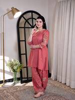Ensemble Kurta rose brodé pour femmes avec pantalon palazzo, coupe ample, tenue traditionnelle indienne et pakistanaise, toutes saisons
